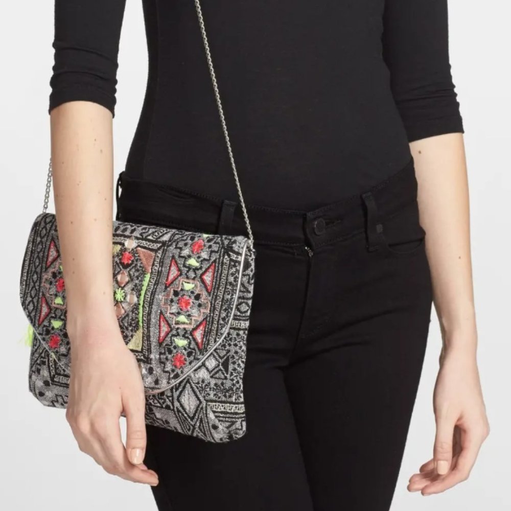 NORDSTROM - metallic embroidered clutch w/ tassel